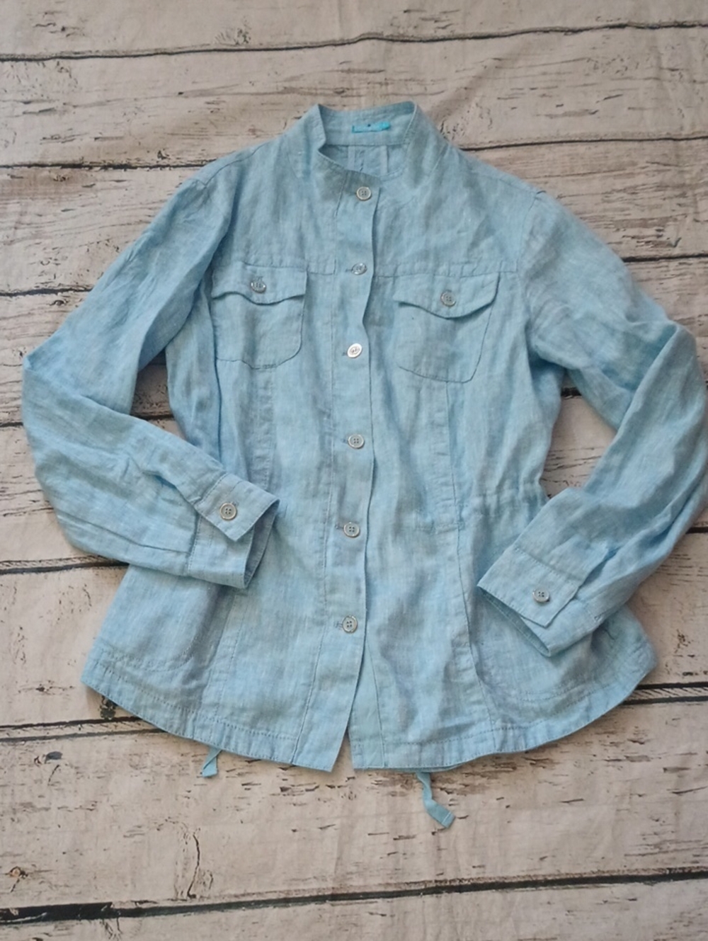 J McLaughlin Light Blue Linen Enameled Button Inner Drawstring Jacket Top S